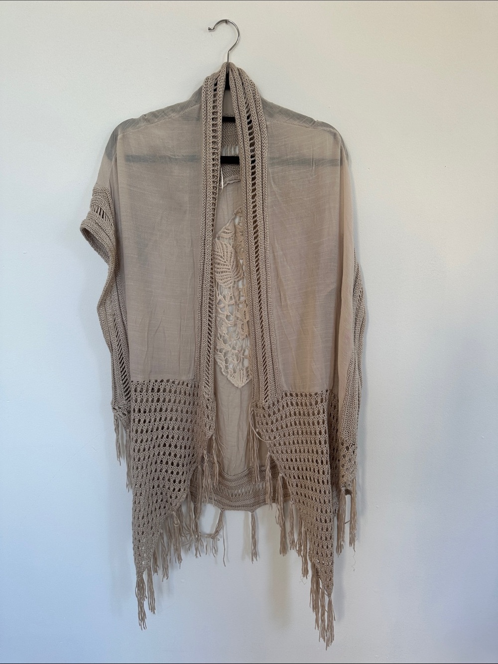 Miracle Beige Crochet Fringe Open-Front Poncho